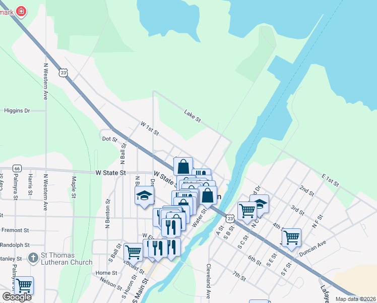 map of restaurants, bars, coffee shops, grocery stores, and more near 422 West 1st Street in Cheboygan