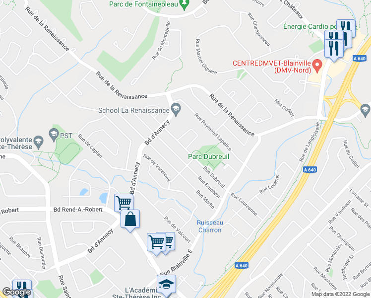 map of restaurants, bars, coffee shops, grocery stores, and more near Rue Dubreuil in Blainville