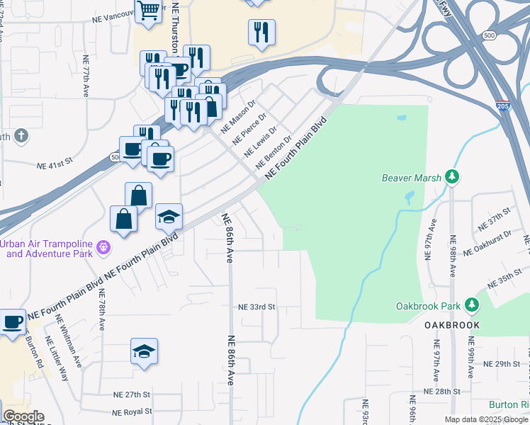 map of restaurants, bars, coffee shops, grocery stores, and more near 3801 Northeast Royal View Avenue in Vancouver