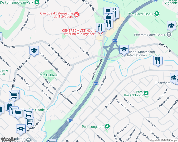 map of restaurants, bars, coffee shops, grocery stores, and more near 244 Rue du Vieux Moulin in Rosemère
