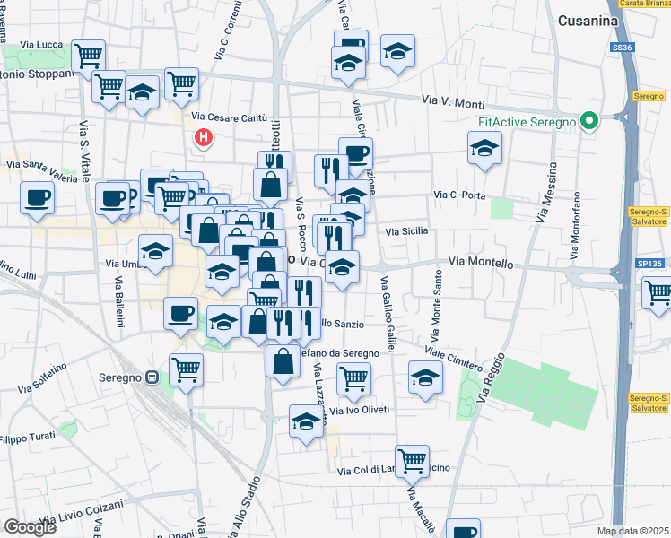 map of restaurants, bars, coffee shops, grocery stores, and more near 114 Via Camillo Benso Conte di Cavour in Seregno