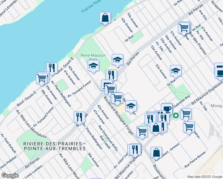 map of restaurants, bars, coffee shops, grocery stores, and more near 9000 Boulevard Perras in Montréal