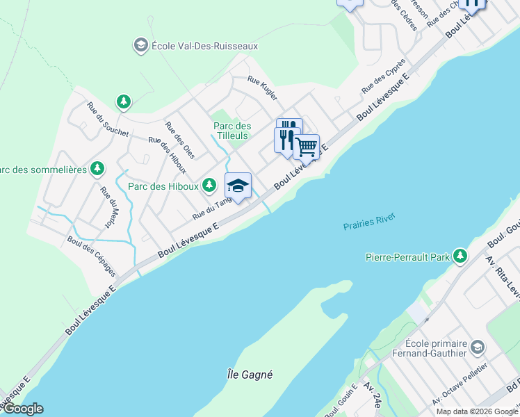 map of restaurants, bars, coffee shops, grocery stores, and more near 7368 Boulevard Lévesque Est in Laval