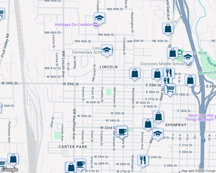 map of restaurants, bars, coffee shops, grocery stores, and more near 501 West 39th Street in Vancouver