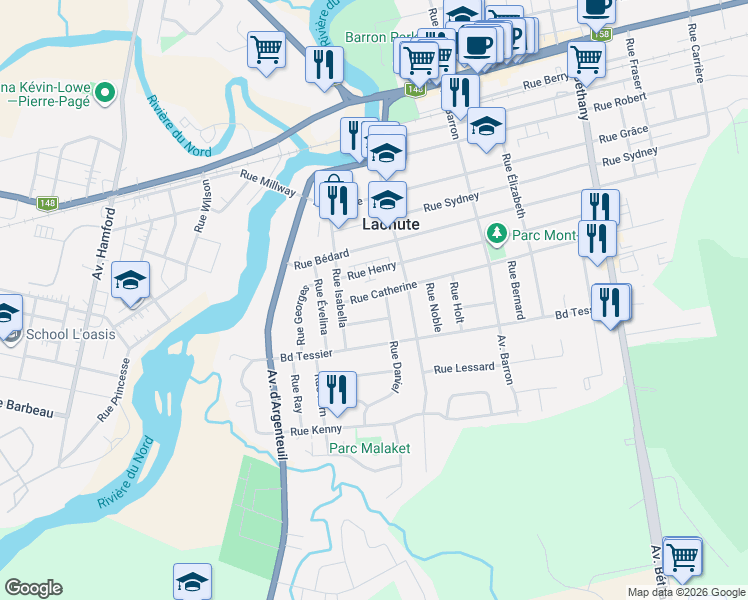map of restaurants, bars, coffee shops, grocery stores, and more near 340 Rue Catherine in Lachute
