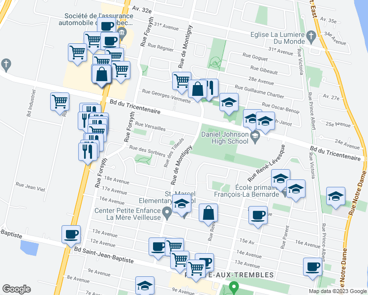 map of restaurants, bars, coffee shops, grocery stores, and more near 12621 Rue de Montigny in Montréal