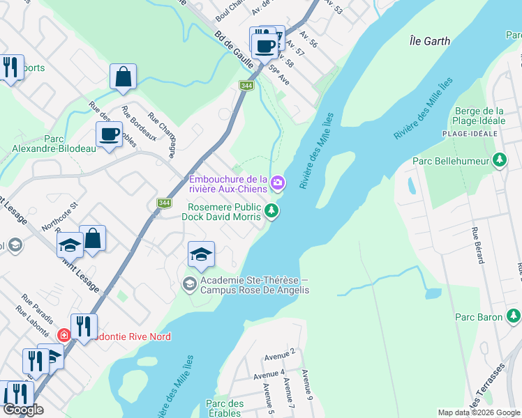 map of restaurants, bars, coffee shops, grocery stores, and more near 152 Rue Delorme in Rosemère