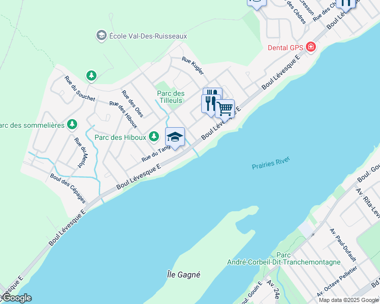 map of restaurants, bars, coffee shops, grocery stores, and more near 7368 Boulevard Lévesque Est in Laval