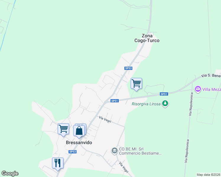 map of restaurants, bars, coffee shops, grocery stores, and more near 422 Via Rovegliara in Bressanvido