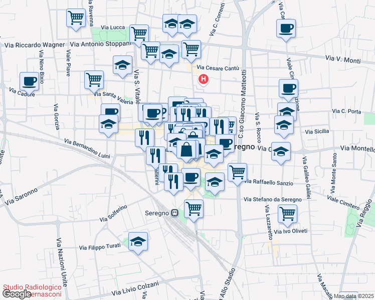 map of restaurants, bars, coffee shops, grocery stores, and more near Piazza Monsignor Biella in Seregno