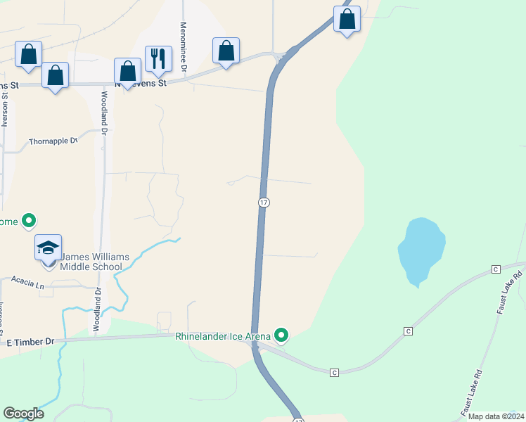 map of restaurants, bars, coffee shops, grocery stores, and more near Chippewa Drive in Rhinelander