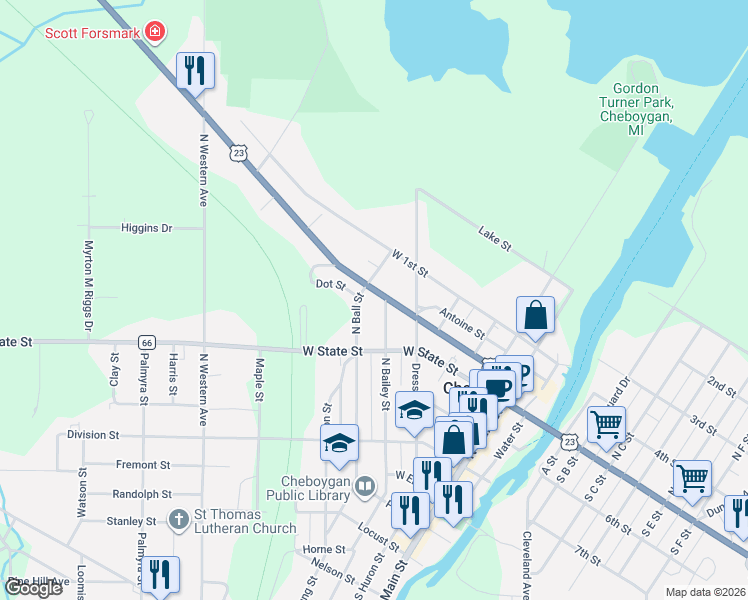 map of restaurants, bars, coffee shops, grocery stores, and more near 555-583 North Bailey Street in Cheboygan
