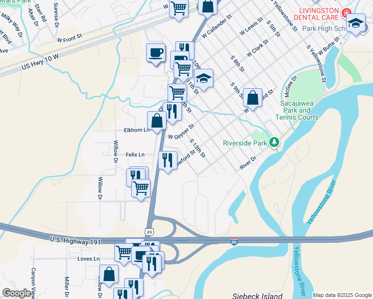map of restaurants, bars, coffee shops, grocery stores, and more near 1313 South 13th Street in Livingston