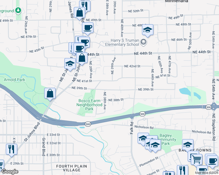 map of restaurants, bars, coffee shops, grocery stores, and more near 3817 Northeast 38th Avenue in Vancouver