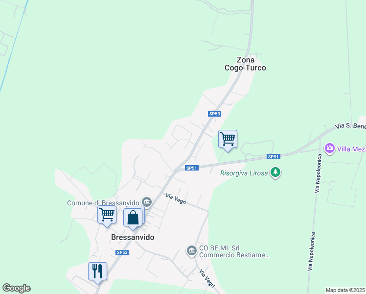 map of restaurants, bars, coffee shops, grocery stores, and more near 3 Via Aldo Moro in Bressanvido