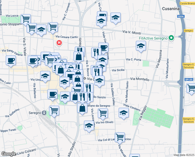 map of restaurants, bars, coffee shops, grocery stores, and more near 114 Via Camillo Benso Conte di Cavour in Seregno