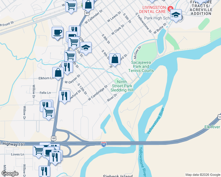 map of restaurants, bars, coffee shops, grocery stores, and more near 621 S 11th St in Livingston
