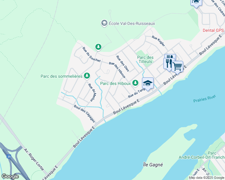 map of restaurants, bars, coffee shops, grocery stores, and more near 1re Rue in Laval