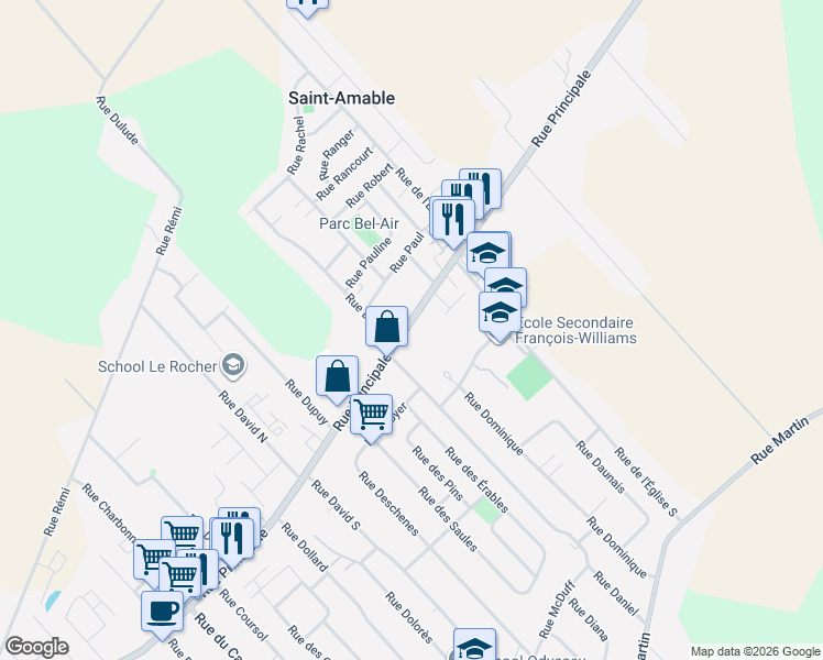 map of restaurants, bars, coffee shops, grocery stores, and more near 886 Rue Principale in Saint-Amable