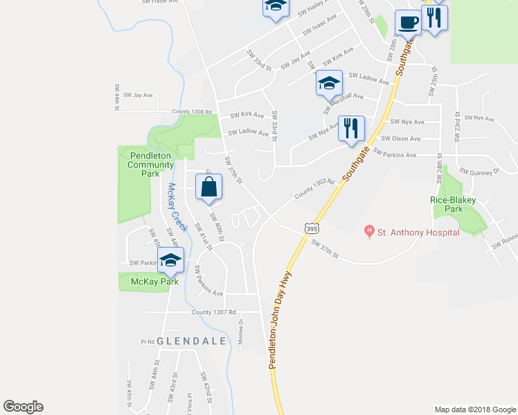map of restaurants, bars, coffee shops, grocery stores, and more near 1437 Southwest 37th Street in Pendleton