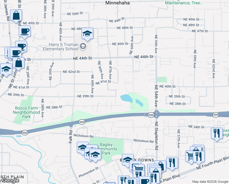 map of restaurants, bars, coffee shops, grocery stores, and more near 3816 Northeast 48th Avenue in Vancouver