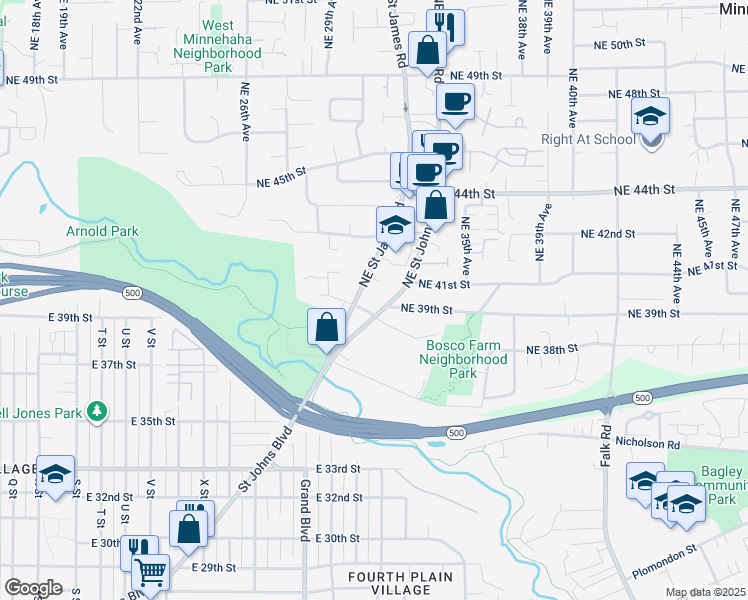 map of restaurants, bars, coffee shops, grocery stores, and more near 3122 Northeast May Street in Vancouver