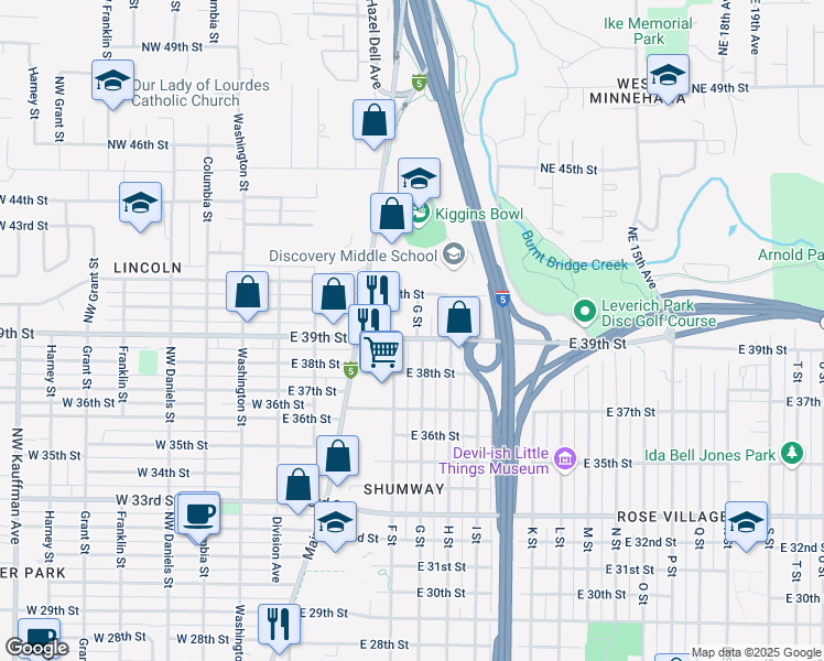 map of restaurants, bars, coffee shops, grocery stores, and more near 3812 G Street in Vancouver