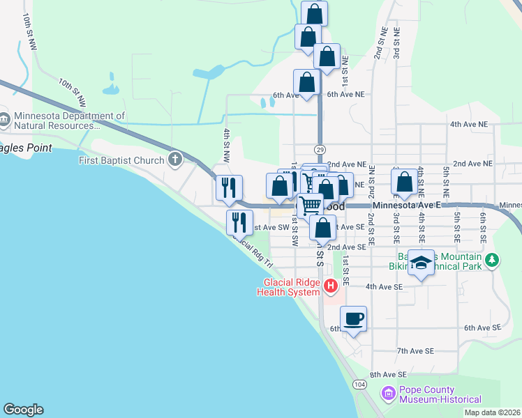 map of restaurants, bars, coffee shops, grocery stores, and more near 216 1st Avenue Southwest in Glenwood