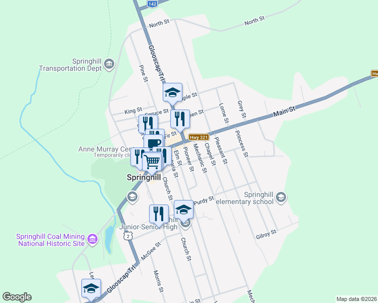 map of restaurants, bars, coffee shops, grocery stores, and more near 10 Pioneer Street in Springhill
