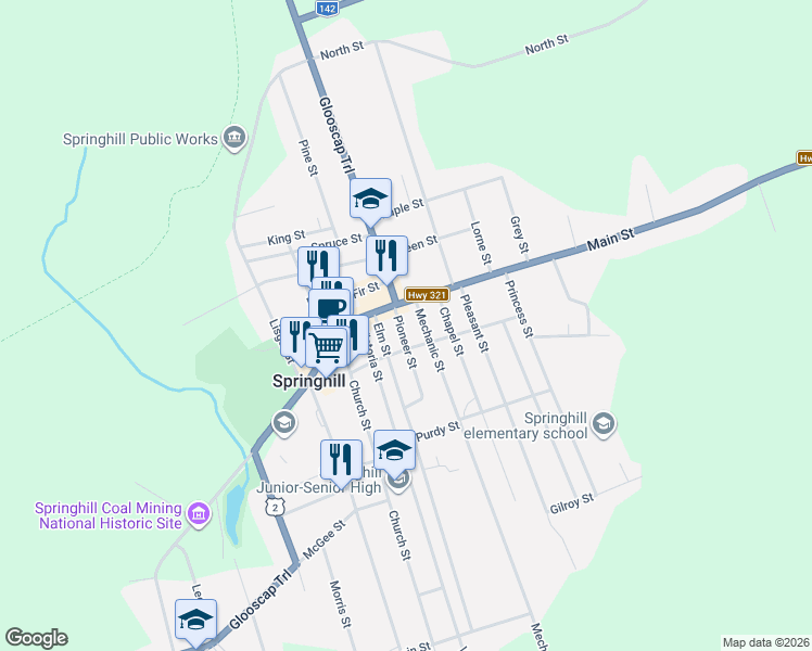 map of restaurants, bars, coffee shops, grocery stores, and more near 10 Pioneer Street in Springhill