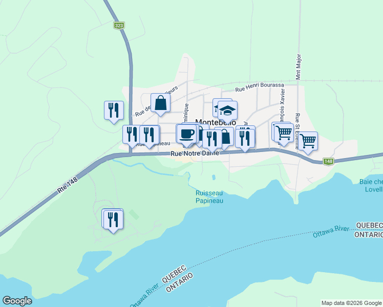 map of restaurants, bars, coffee shops, grocery stores, and more near 497 Rue Notre-Dame in Montebello