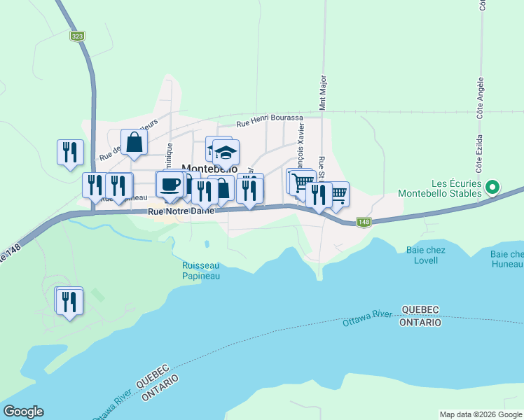map of restaurants, bars, coffee shops, grocery stores, and more near 588 Rue Notre-Dame in Montebello