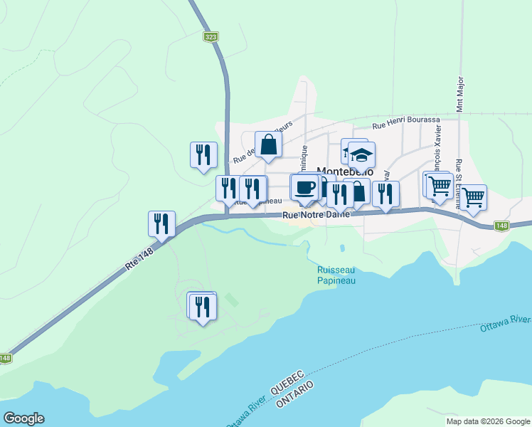 map of restaurants, bars, coffee shops, grocery stores, and more near 463 Rue Notre-Dame in Montebello
