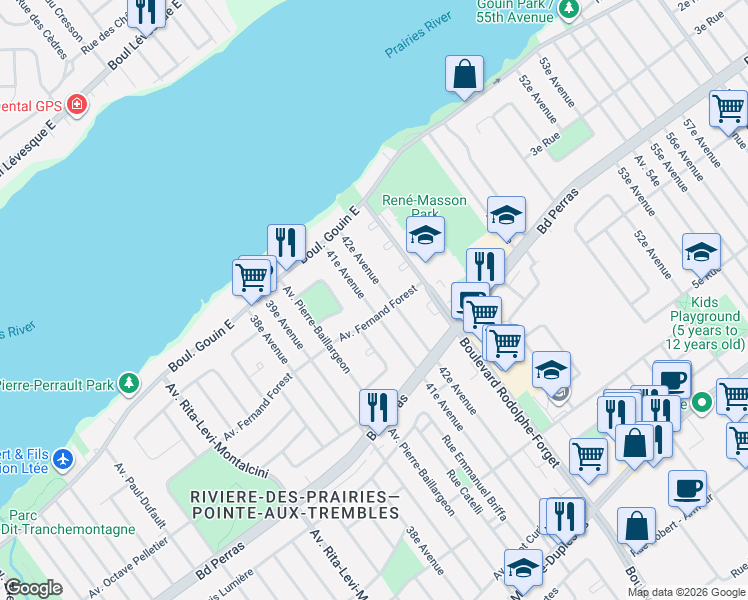 map of restaurants, bars, coffee shops, grocery stores, and more near 12667 41e Avenue in Montréal