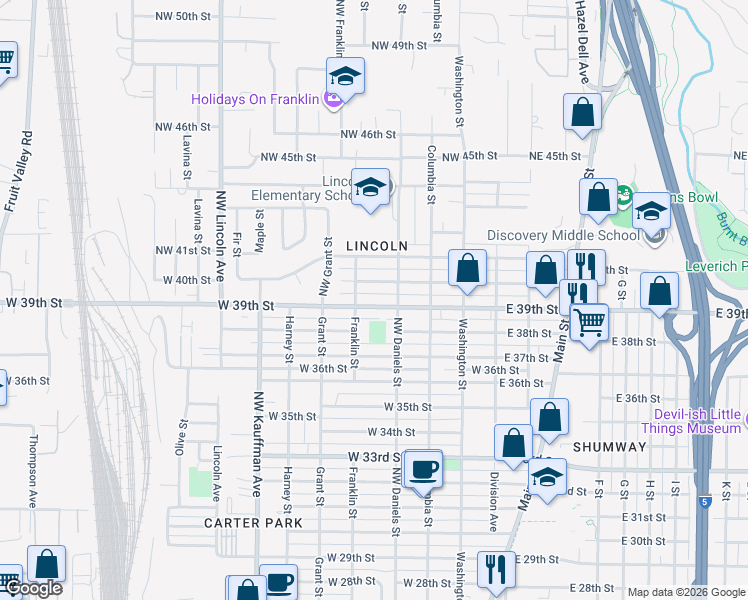 map of restaurants, bars, coffee shops, grocery stores, and more near 501 West 39th Street in Vancouver