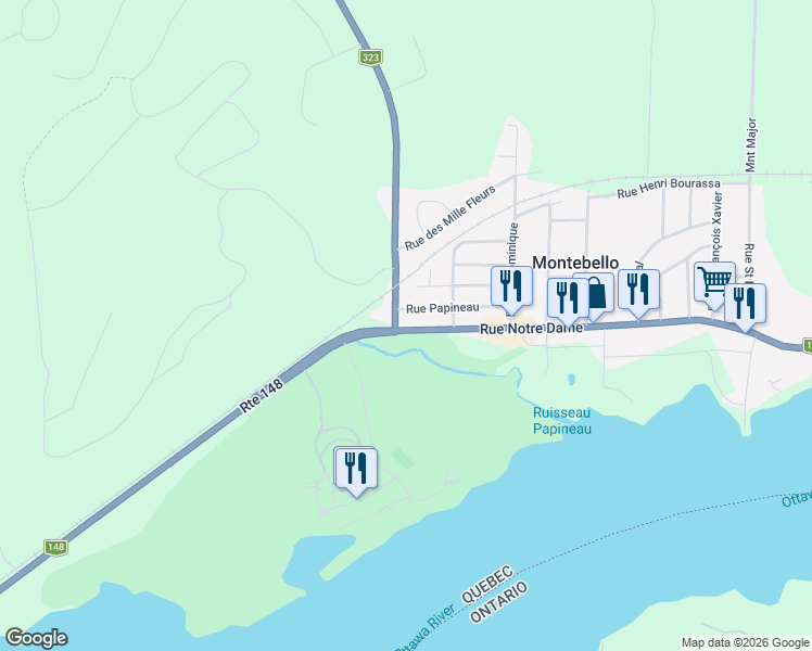 map of restaurants, bars, coffee shops, grocery stores, and more near 433 Rue Notre-Dame in Montebello