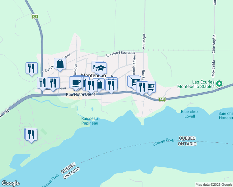 map of restaurants, bars, coffee shops, grocery stores, and more near 588 Rue Notre-Dame in Montebello