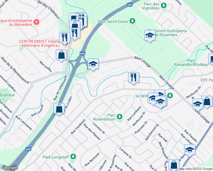 map of restaurants, bars, coffee shops, grocery stores, and more near 367 Rue de la Roseraie in Rosemère