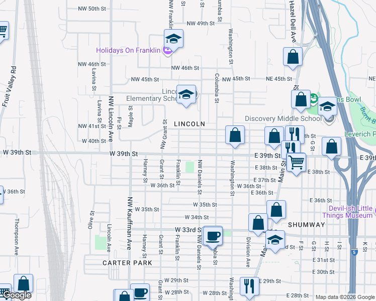 map of restaurants, bars, coffee shops, grocery stores, and more near 501 West 39th Street in Vancouver