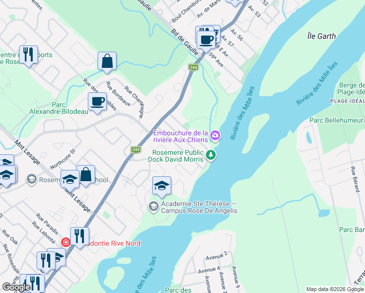 map of restaurants, bars, coffee shops, grocery stores, and more near Rue Louis-Hémon in Rosemère