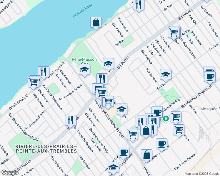 map of restaurants, bars, coffee shops, grocery stores, and more near 12440 Avenue René Masson in Montréal