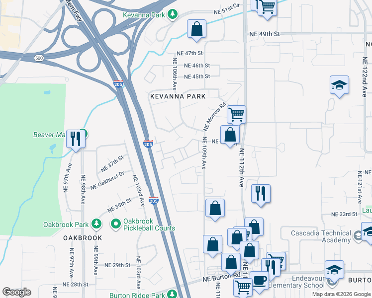 map of restaurants, bars, coffee shops, grocery stores, and more near 3900 Northeast Burtonwood Court in Vancouver
