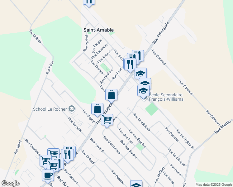 map of restaurants, bars, coffee shops, grocery stores, and more near 891 Rue Principale in Saint-Amable