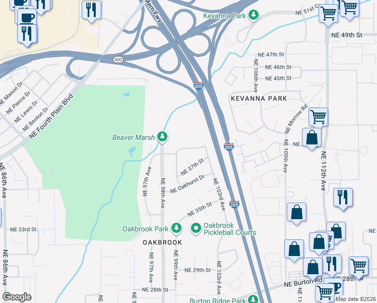 map of restaurants, bars, coffee shops, grocery stores, and more near 10100 Northeast 39th Street in Vancouver