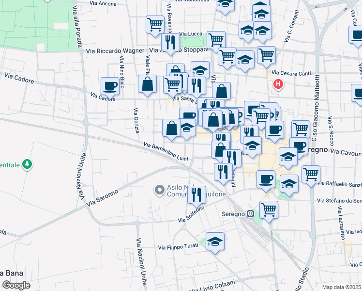 map of restaurants, bars, coffee shops, grocery stores, and more near 83 Via Fratelli Cairoli in Seregno