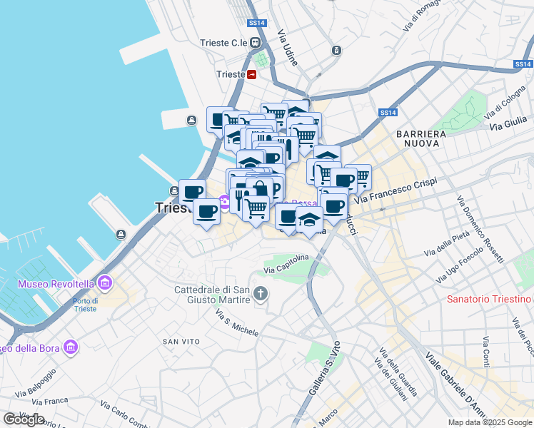 map of restaurants, bars, coffee shops, grocery stores, and more near 25 Via San Nicolò in Trieste
