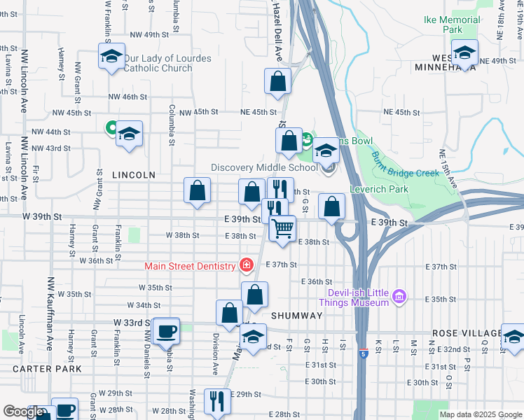 map of restaurants, bars, coffee shops, grocery stores, and more near 4003 Northeast Creston Avenue in Vancouver