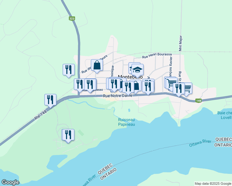 map of restaurants, bars, coffee shops, grocery stores, and more near 497 Rue Notre-Dame in Montebello