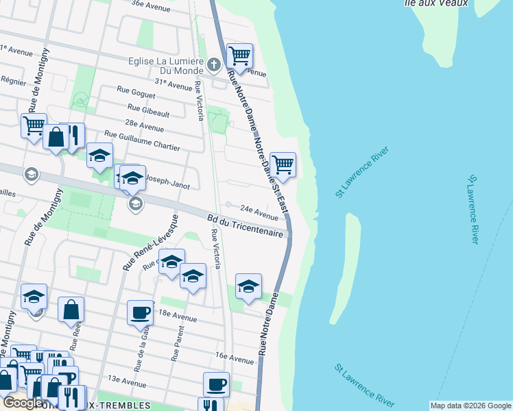 map of restaurants, bars, coffee shops, grocery stores, and more near 585 24e Av in Montréal