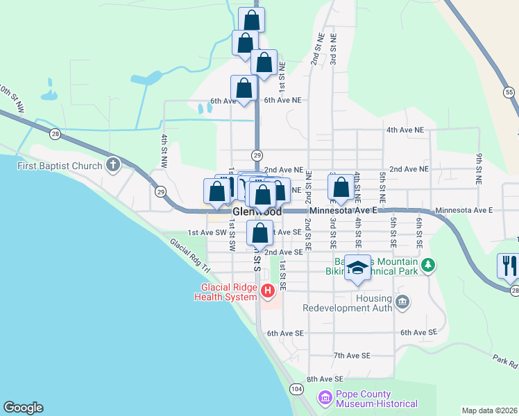 map of restaurants, bars, coffee shops, grocery stores, and more near 1 Minnesota Avenue East in Glenwood